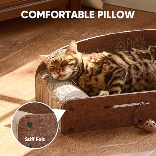 FUKUMARU 26 Inch Cat Scratcher Bed, 2 Reversible Cardboard Cat Scratch Pads Refill for Indoor Cats, Durable Large Cats Scratching Bed Sofa Couch Lounger with Fun Toys, Furniture Protector, Caramel