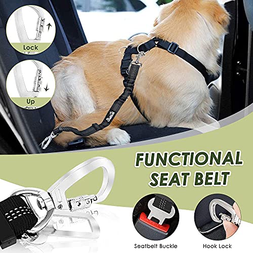 SlowTon Dog Seatbelt, 2 Pack Dog Seat Belt Car Leash Adjustable Elastic Bungee Buffer Heavy Duty Nylon Reflective Pet Safety Tether Connect to Dog
