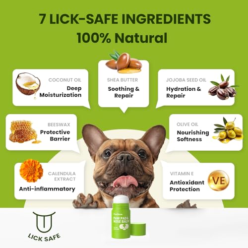 PawSono Lick-Safe Dog Paw & Nose Balm with Coconut Oil | All-Natural Moisturizer & Soother for Dry, Cracked Pads & Snout | Heat & Cold Pavement Protection Wax | Horse Hoof, Joint Care (1.3 oz