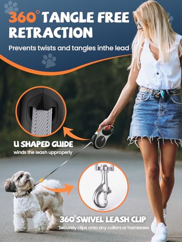 Retractable Dog Leash with LED Flashlight, Douexio Upgrade 3 in 1 Dog Leash Retractable for Small Medium Dogs Up to 66 lbs, 16ft, Anti-Slip Handle
