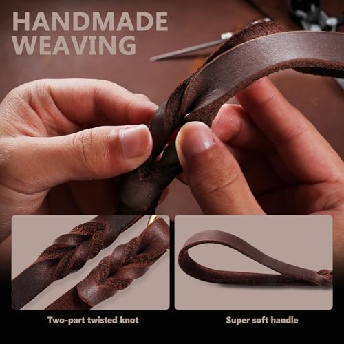 QUMY Leather Dog Leash 6ft, Heavy Duty Dog Training Leash for Large and Medium Dogs, Soft and Strong Genuine Leather Braided Handmade Long Lead Leash