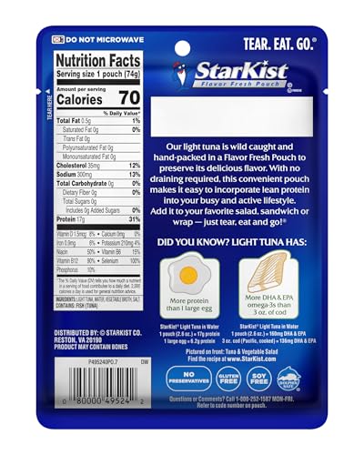 StarKist Light Tuna in Water Pouch (2.6 oz - 12 Pack) Ready to Eat, Wild Caught, High Protein Shelf Stable Seafood, Gluten Free, Soy Free, No Draining for Salads and Sandwiches