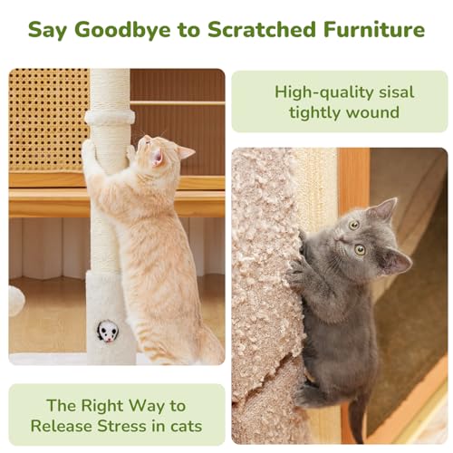 Cat Scratching Posts 33" for Adults Cats, Cat Scratcher with Soft Fabric Covering Base and Durable Sisal Rope, Scratcher with Fun Mouse Hole and Cat Toy for Tall Cats (White)