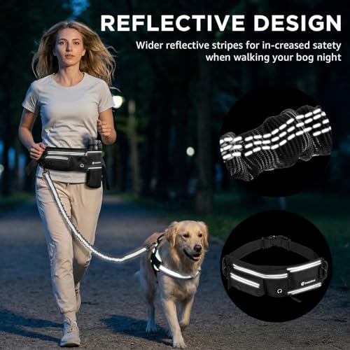 Hands Free Dog Leash with Waist Pack & 4 Metal Clips - Adjustable Leash with Reflective Stitching and Shock Absorbing Design for Walking, Jogging