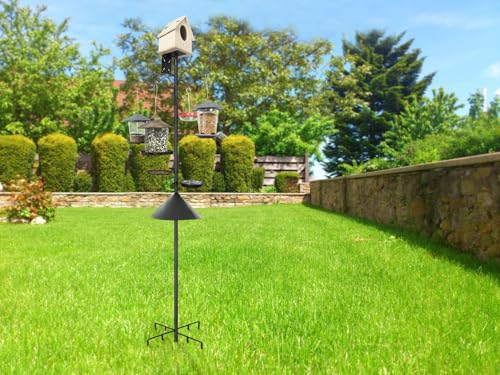 eWonLife 92 Inch Squirrel Proof Bird Feeder Pole with 9 Prongs Base, 1 Inch Dia Bird House Pole, Heavy Duty Bird Feeder Stand, Adjustable Shepherds Hooks for Outdoor with Squirrel Baffle Birdbath Tray