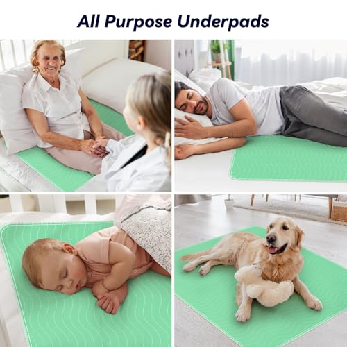 4 Pack 36” x 36” Extra Heavy Absorbency Washable Underpads, Waterproof Quick Drying Nursing Incontinence Reusable Washable Bed Pee Pads for Dogs, Diaper Changing & Adults, Green