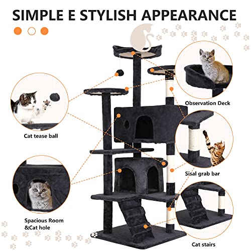 BestPet | 54" Cat Tree Tower | Dark Gray | Sturdy, Easy to Assemble, Multi-Level Activity Center with Sisal Scratching Posts, Condos, Perches, Hanging Cat Toys, Observation Decks & Ladder
