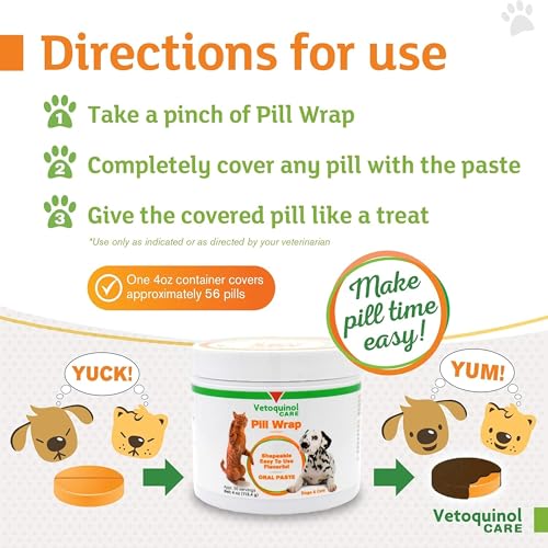Vetoquinol Pill Wrap Treats for Dogs & Cats – 4oz, 56 servings – Hides Any Size, Shaped Pill – Moist, Flavorful & Shapeable Pill Pocket Paste – Easy-to-Swallow Masking Pill Pouch for Training & Treats
