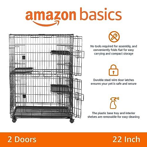 Basics Large 3-Tier Cat Cage Playpen with Easy to Clean Removable Tray, Front Doors, Portable, Foldable, 35.8" x 22.4" x 50.6", Black