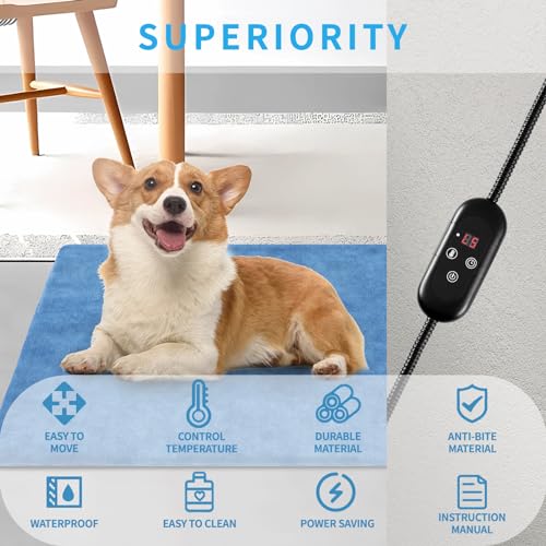 Pet Heating Pad for Cats Dogs Indoor Outdoor Waterproof Electric Heated Pads Mat with Stainless Chew Resistant Cord 5 Timer and 6 Level Temperature Warming Pad Bed Warmer-17.7x17.7