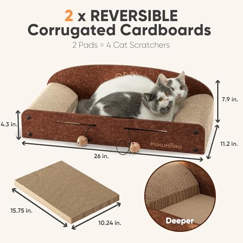 FUKUMARU 26 Inch Cat Scratcher Bed, 2 Reversible Cardboard Cat Scratch Pads Refill for Indoor Cats, Durable Large Cats Scratching Bed Sofa Couch Lounger with Fun Toys, Furniture Protector, Caramel