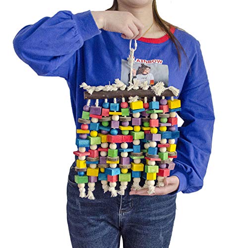 Deloky Large Bird Parrot Chewing Toy - Multicolored Natural Wooden Blocks Bird Parrot Tearing Toys Suggested for Large Macaws cokatoos,African Grey and a Variety of  Parrots(15.7" X 9.8")
