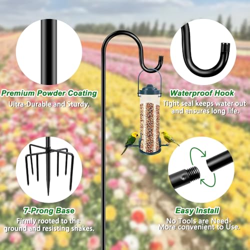 ANIDEER 72" Shepherds Hooks for Outdoor, Heavy Duty Garden Bird Feeder Pole for Hanging Bird Feeder, Plant Baskets, Solar Light Lanterns, Outdoor Plant Hanger Hook with 7 Base Prongs,1 Pack