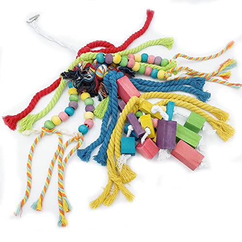 20.5 inch Parrot Chewing Toys - Wooden Block Tearing and Cotton Rope Toys for Medium Large Extra Large Parrot Conures African Grey  Cockatoo and Macaw