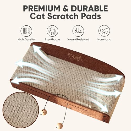 FUKUMARU 26 Inch Cat Scratcher Bed, 2 Reversible Cardboard Cat Scratch Pads Refill for Indoor Cats, Durable Large Cats Scratching Bed Sofa Couch Lounger with Fun Toys, Furniture Protector, Caramel