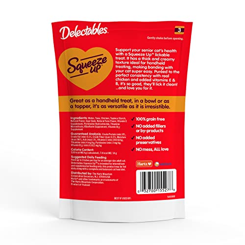 Delectables Squeeze Up Creamy Squeezable Puree, Lickable Wet Cat Treats, Grain Free, No Added Fillers, No By-Products, No Added Preservatives, 0.5 Ounces Senior Chicken, 32 Tubes Total