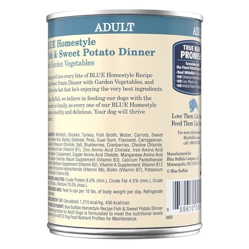 Blue Buffalo Homestyle Recipe Adult Wet Dog Food, Made with Natural Ingredients, Fish & Sweet Potato Dinner with Garden Vegetables, 12.5-oz can (Pack of 12)