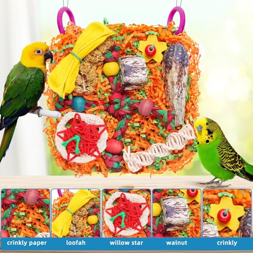 Bird Toys for Small & Medium Parrots - Natural Foraging & Shredding Cage Hanging Toys with Seagrass Mat, Starfruit, Loofah Slices for Budgies, Cockatiels, Lovebirds, Conures (1 PCS)