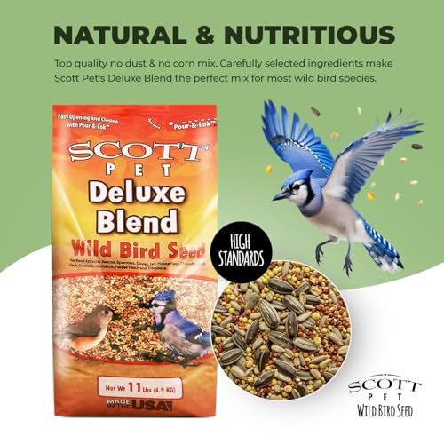 Scott Pet Wild Bird Seed, Deluxe Blend, 11 lbs Bag, No Dust, No Corn Mix, Feed, Great for All Feeder Types, Food for Outside Wild Birds