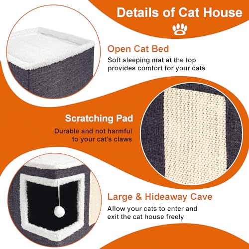 Cat Houses for Indoor Cats - Large Cat Bed Cave with Scratch Pad and Fluffy Ball, Foldable Cat Condo Hideaway with Reversible Cushion for Multi Small Pet, Dark Grey