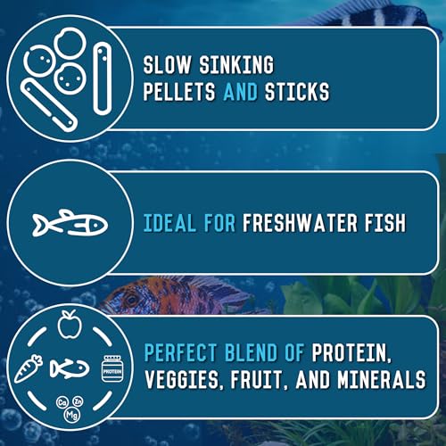 RON'S CICHLIDS Adult African Cichlid Fish Food Pellets – USA Made Slow Sinking Cichlid Pellets & Sticks Feed, Low Fillers, Ideal for Cichlid Food, Koi, Goldfish, Pleco, Oscar & Tropical Fish, 1 LB