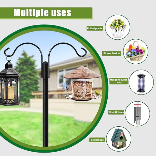 XDW-GIFTS Double Shepherds Hooks for Outdoor, 2-Pack Heavy Duty Garden Pole for Hanging Bird Feeder, Plant Baskets, Solar Light Lanterns, Garden Plant Hanger Stands with 5 Base Prongs