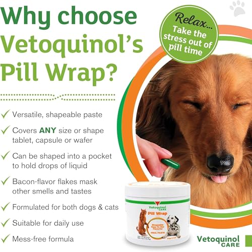 Vetoquinol Pill Wrap Treats for Dogs & Cats – 4oz, 56 servings – Hides Any Size, Shaped Pill – Moist, Flavorful & Shapeable Pill Pocket Paste – Easy-to-Swallow Masking Pill Pouch for Training & Treats