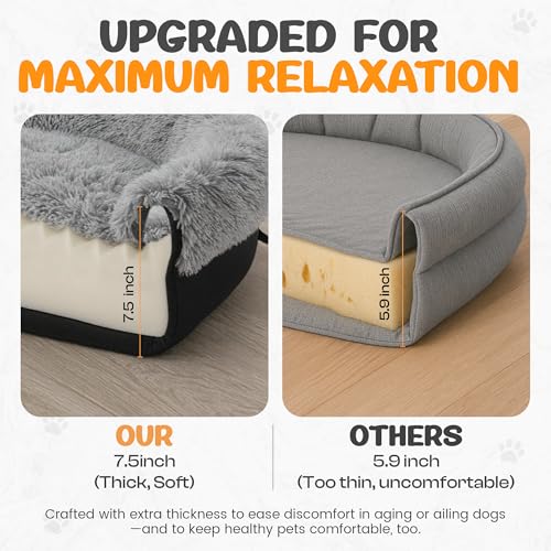 Fluffy Orthopedic Dog Bed for Large & Extra Large Dogs, Calming Plush Sofa Bed with Curved Bolster Support and Egg-Crate Foam Base, 43" Cozy Oval Pet Donut Bed with Washable Cover, Gray