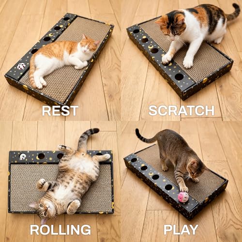 6-Pack Cat Scratcher Cardboard with 3 Box Loungers, Reversible Cat Scratching Pad Refills with Bell Toys, High Density Corrugated Scratch Board for Indoor Cats (Starry Night Design)