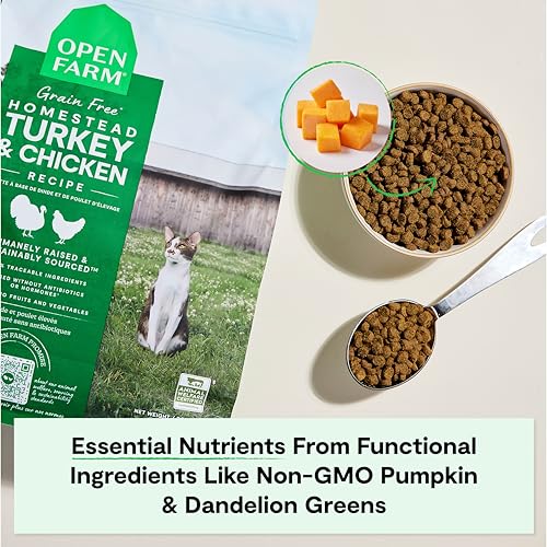 Open Farm, Grain Free Dry Cat Food, High-Protein Kibble for a Complete & Balanced Diet, Non-GMO Fruits & Vegetables, Prebiotic Fibers to Support Digestion, Homestead Turkey & Chicken Recipe, 8lb Bag
