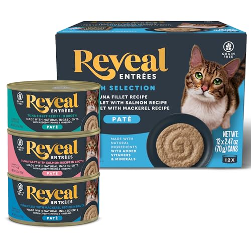 Reveal Entrées Natural Wet Cat Food Paté, Grain-Free with Added Vitamins & Minerals, Carrageenan-Free and High Protein, Fish Variety Selection Paté (12 x 2.47 oz Cans)