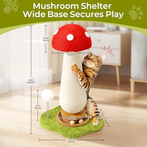 Cat Scratching Post, Mushroom Cat Scratcher with Interactive Ball Track Spring Ball Toys Cute Sisal Scratchers Post for Indoor Adults Kitten with