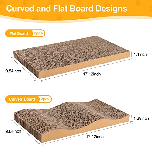 Poils bebe 5 PCS Cat Scratcher with Box, Reversible Cat Scratchers for Indoor Cats, Cardboard Cat Scratcher with Catnip, 2 Curved and 3 Flat Boards for Scratching Bed