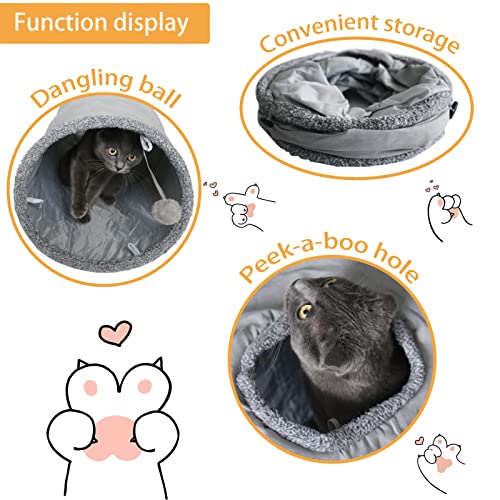 Cat Tunnel for Indoor Cats, 51×12 inch Foldable Big Cat Tunnel, Grey Suede Pet Tunnels with Two Peepholes and a Bubble Ball
