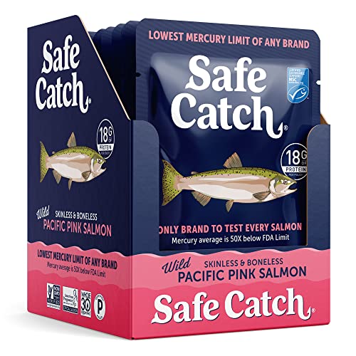 Safe Catch Wild Pacific Pink Salmon Skinless Boneless Wild-Caught Salmon Fish Pouch, Mercury Tested, Kosher, 12-Pack Salmon Pouches 3oz Packets