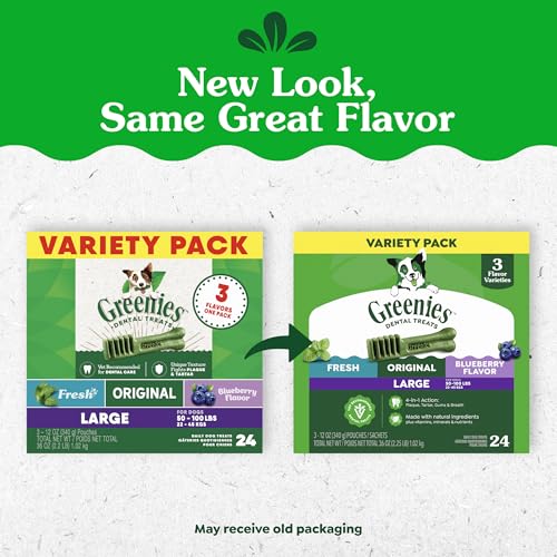 Greenies Dog Treats, Veterinarian-Recommended Natural Dental Dog Treats, Large Size, Variety Pack Flavor, (3) 12 oz. Packs, 24 Count