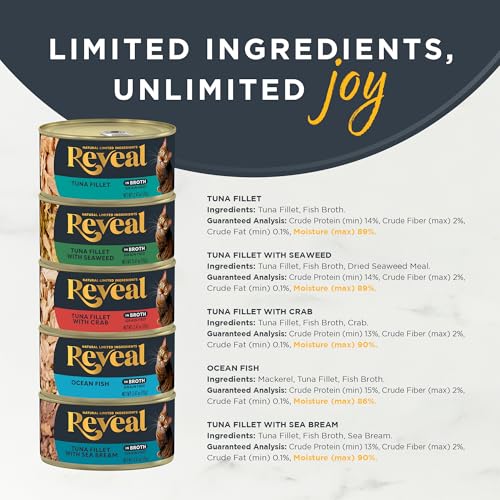 Reveal Natural Wet Canned Cat Food, 5-Flavor Variety Pack, Limited Ingredient, Grain Free, High Protein with No Artificial Additives, Fish Variety in Broth (30 x 2.47 oz Cans)