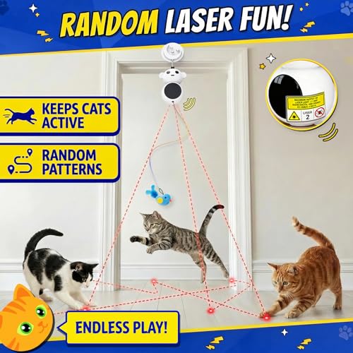 Interactive Cat Toys for Indoor Cats - 2 in 1 Automatic Laser Pointer Cat Toy with Flying Bird，Smart Moving Wand Toy with 2 Modes, Doorway Hanging Toys Safe for Bored Kitten & Adult Cats