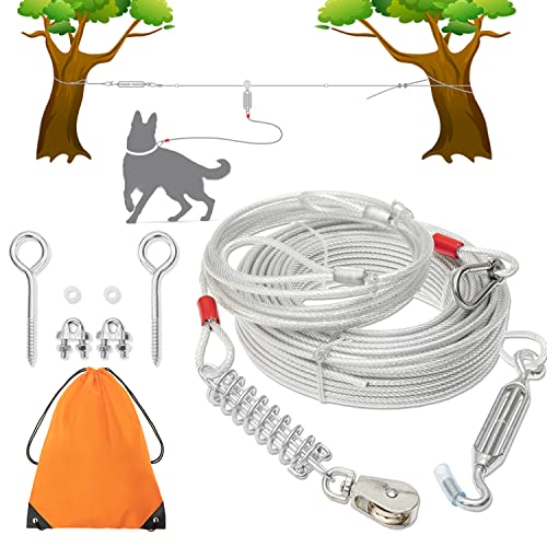 Dog Tie Out Cable - 100 ft Long Dog Cable with 10 ft Run Cable for Yard Training Running Camping Hiking Outdoor - Heavy Duty Chew Proof Lead Leash
