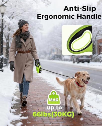 Retractable Dog Leash with Light, 16.4 ft Retractable Pet Leash with Anti-Slip Soft Grip, 360° Tangle-Free, One-Button Control, Reflective Leashes