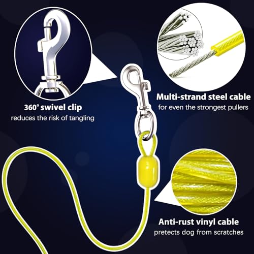 Dog Tie Out Cable and Stake 360° No Tangle Heavy Spiral Yard Stake and Retractable Dog Leash for Dogs Up to 10-90 lbs, 30ft Dog Chain for Outside