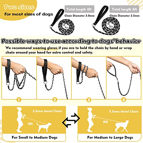 Metal Chain Dog Leash Chew Proof for Dogs, Black, 3.0mm, 4FT | Close Control for Training and Busy Areas, Chew Resistant Chain, Padded Handle, Swivel