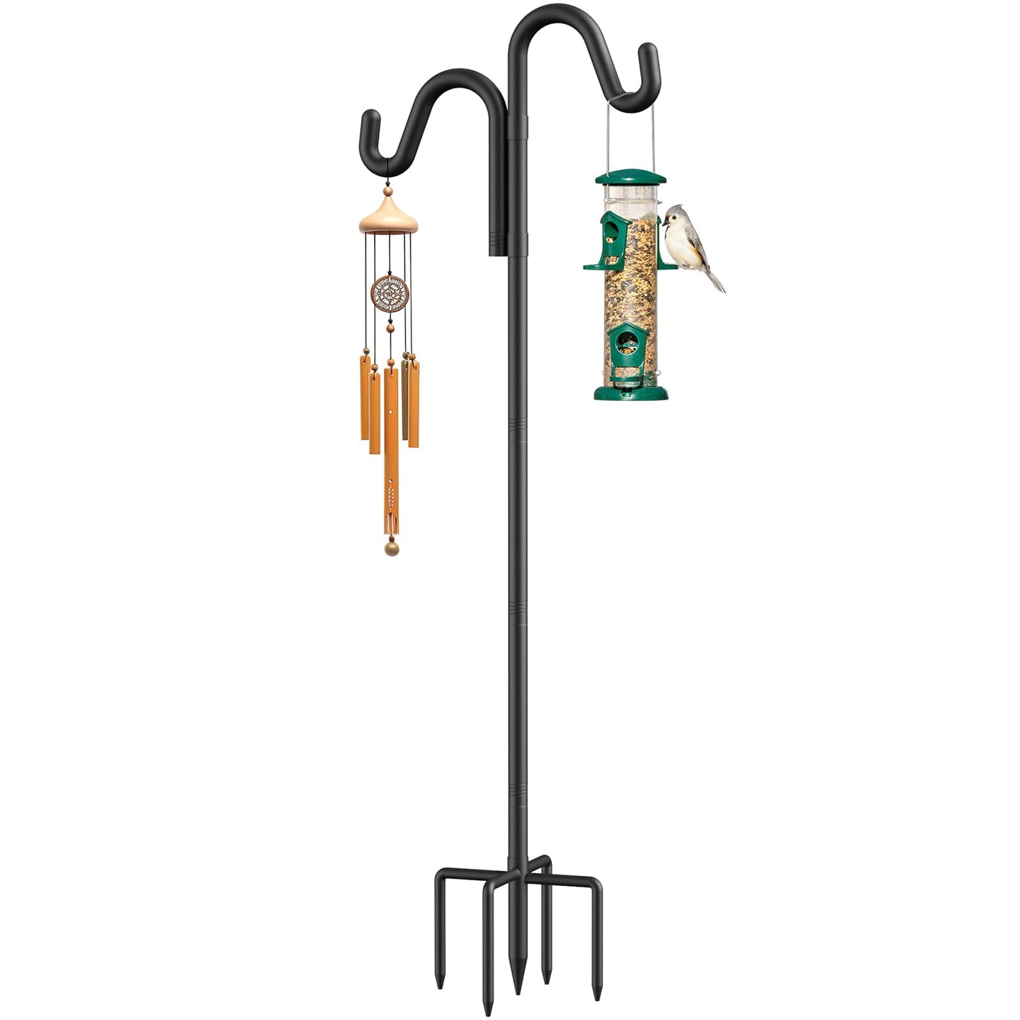 76" Double Hooks Heavy Duty Adjustable Bird Feeder Pole with Sturdy 5-Prong Base, Height Adjustable Shepherds Hook for Hanging Feeders, Plants, Solar Lanterns & Wind Chimes (2026 Upgrade)