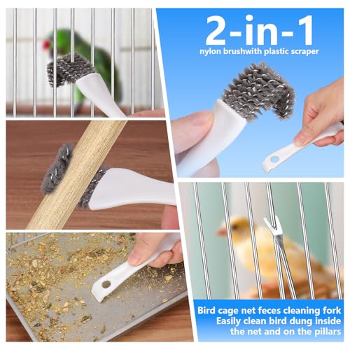 XANGNIER Bird Cage Cleaner Brush Kit,Bird Poop Remover Cleaning Tools Set Accessories for Small,Medium,Large,Tall,Stainless Steel,Parakeet,Budgie,African Grey Parrot,Cockatoo Birds Cage Accessories