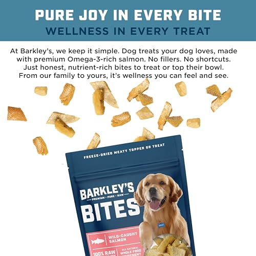 Barkley’s Bag Salmon Bites, Freeze Dried Dog Treats and Food Topper, Made with Wild-Caught Salmon, Bite-Sized Whole Pieces for Training Rewards, for
