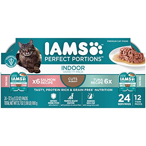IAMS Perfect Portions Indoor Adult Wet Cat Food Cuts in Gravy Variety Pack, Salmon and Tuna Recipes, 2.6 oz. Easy Peel Twin-Pack Trays (12 Count, 24 Servings)