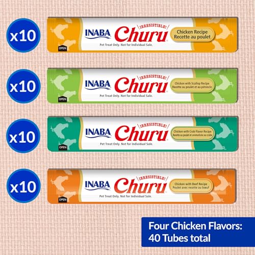 INABA Churu Cat Treats, Lickable, Squeezable Creamy Purée Cat Treat with Green Tea Extract & Taurine, 0.5 Ounces Each Tube, 40 Tubes, Chicken Variety Box