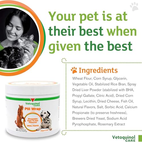 Vetoquinol Pill Wrap Treats for Dogs & Cats – 4oz, 56 servings – Hides Any Size, Shaped Pill – Moist, Flavorful & Shapeable Pill Pocket Paste – Easy-to-Swallow Masking Pill Pouch for Training & Treats