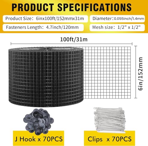 6in X 100ft Solar Panel Bird Guard,Solar Panel roof Protection net 1/2inch Mesh PVC Black Vinyl Coated Galvanized net 70 Fastener ClipsUsed for Bird,Animal Control