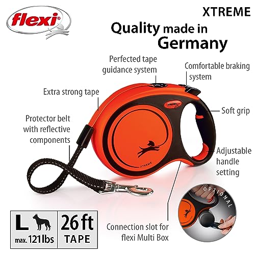 FLEXI Xtreme Tape Retractable Dog Leash for Large Dogs Upto 121 lbs. – 26 ft., Orange/Black | Tangle Free Pet Walking Leash with One-Handed Brake